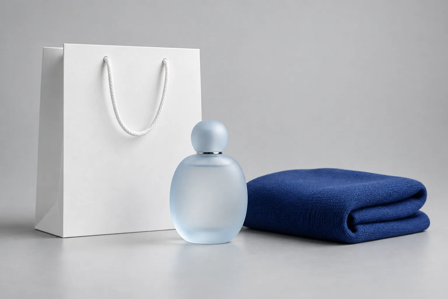 Perfume, shopping bag and a folded blue textile in a sample storefront